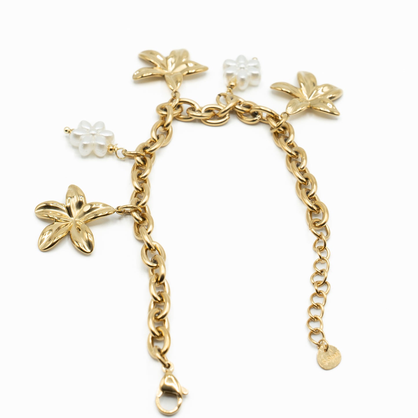 Bracelet doré charms floraux perles blanches – acier inoxydable waterproof