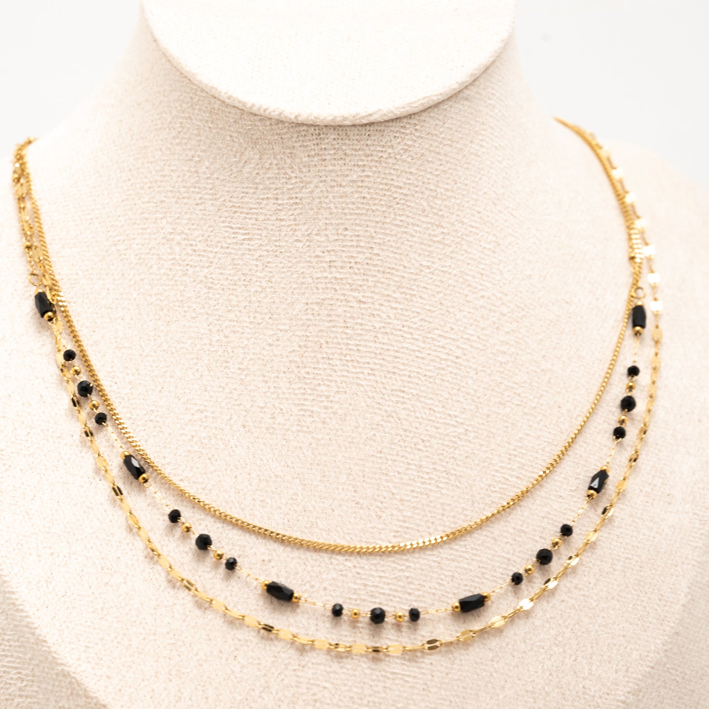 Collier multi-rangs doré perles noires – acier inoxydable waterproof