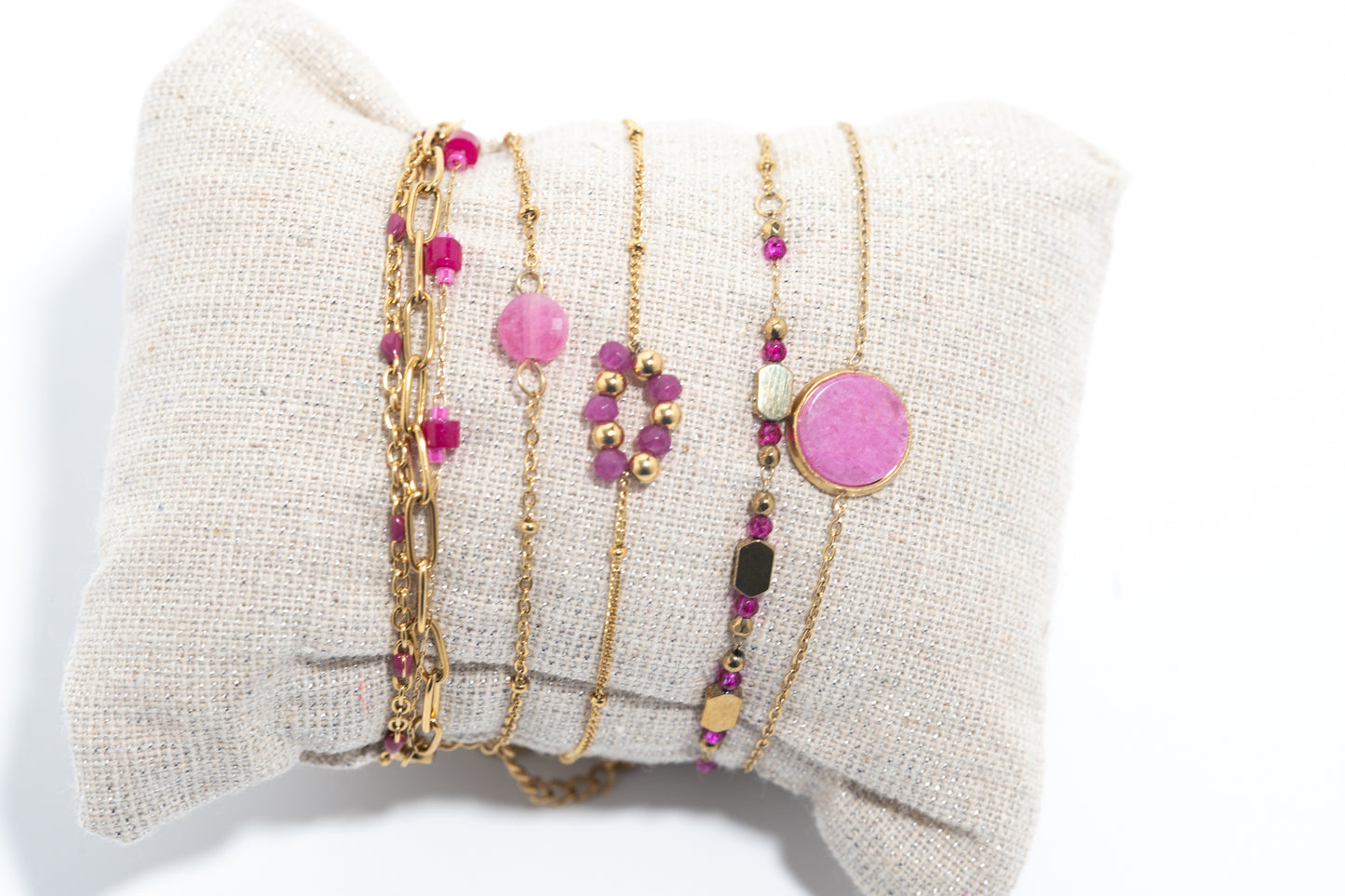 Lot 6 bracelets dorés perles roses – acier inoxydable waterproof