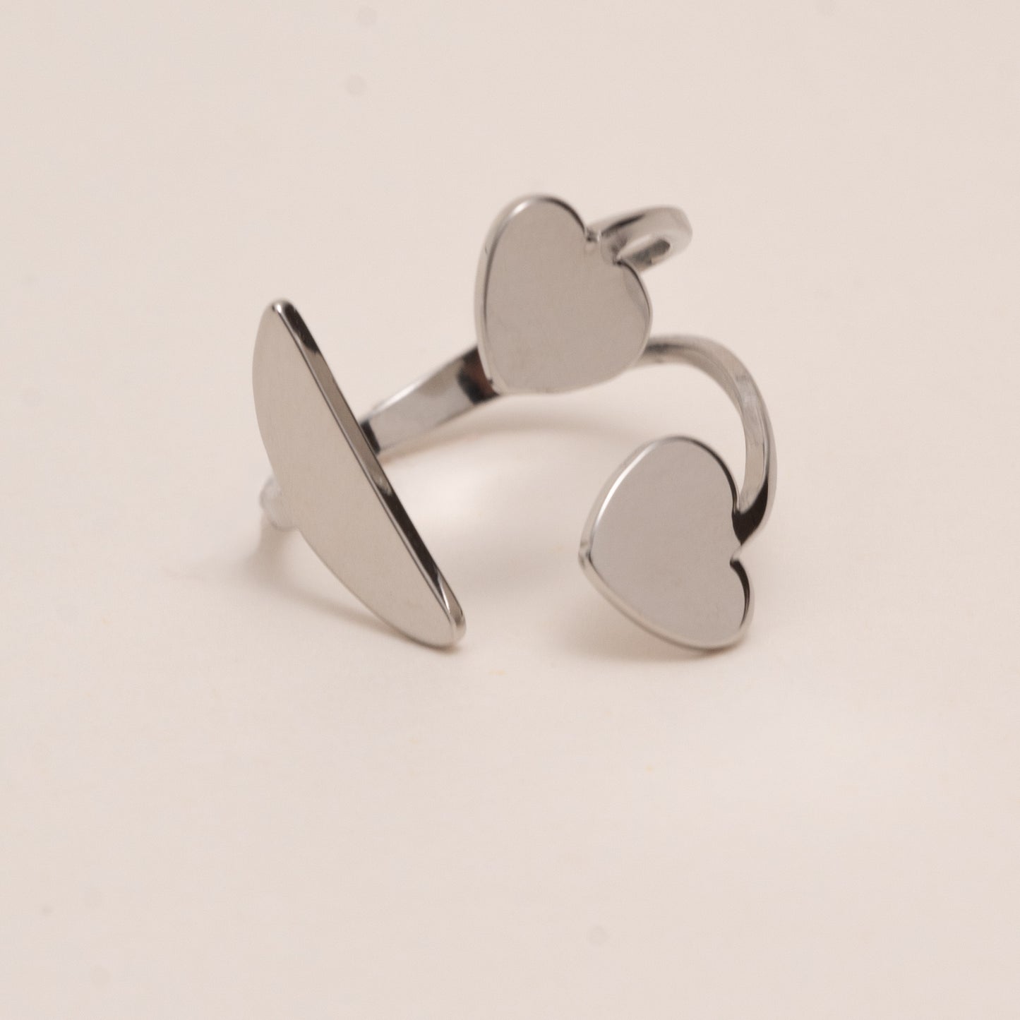 Bague argentée double cœurs ajustable – acier inoxydable waterproof