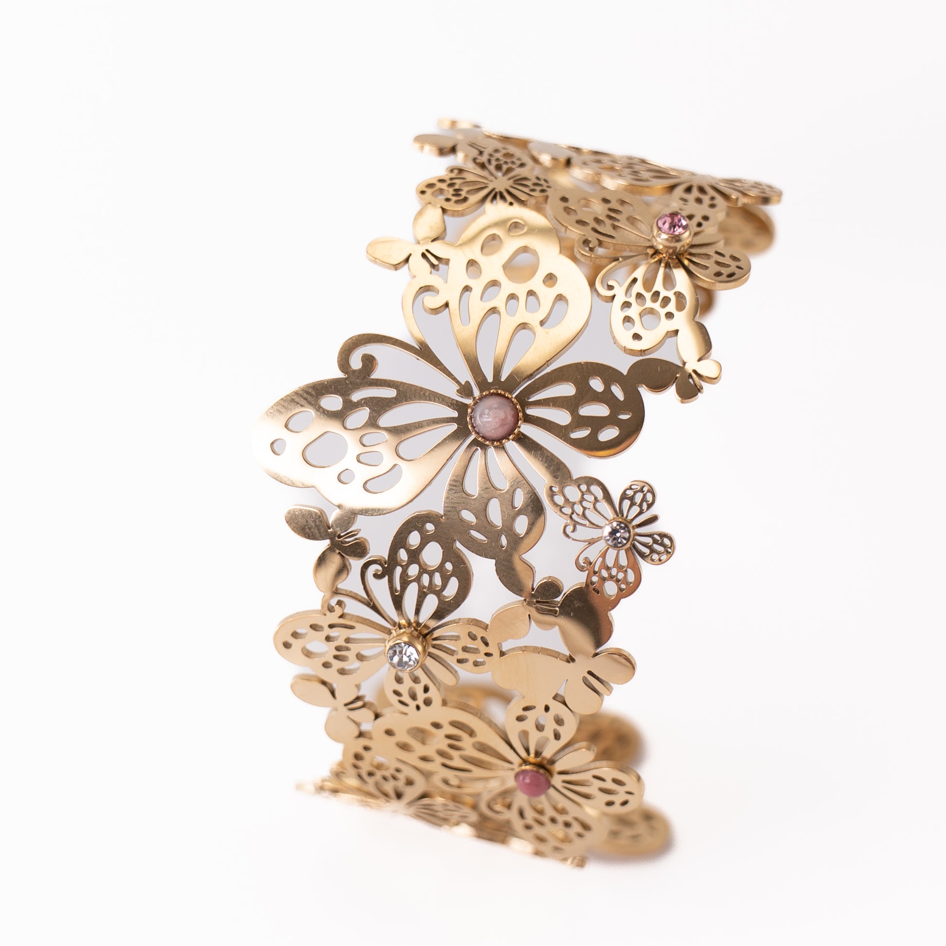 Bracelet doré papillons ajourés avec pierres scintillantes en acier inoxydable waterproof