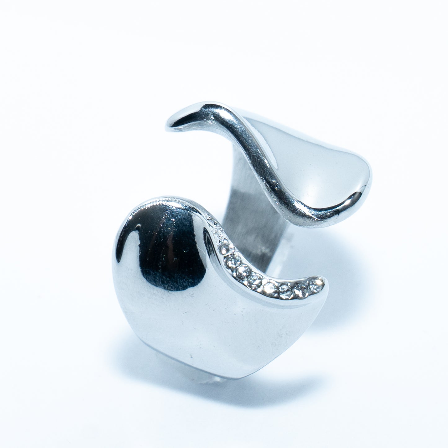 Bague argentée ajustable design ondulé avec strass en acier inoxydable waterproof