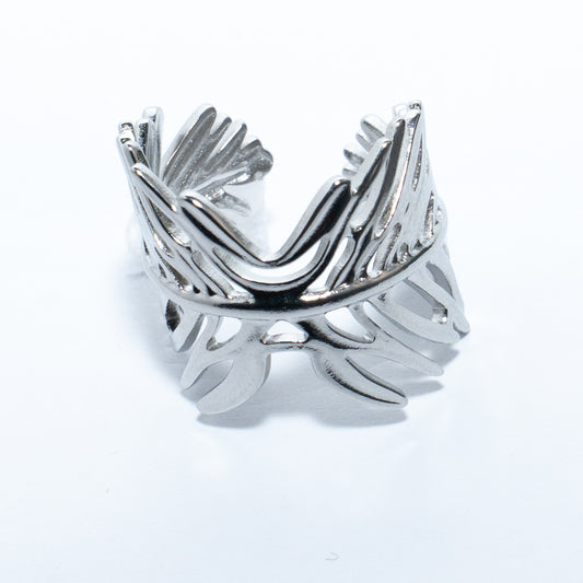 Bague argentée feuilles ajustable – acier inoxydable waterproof