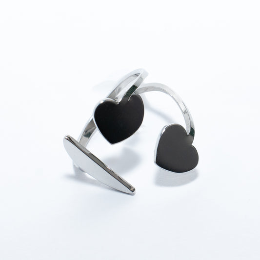 Bague argentée ajustable double cœurs romantique en acier inoxydable waterproof