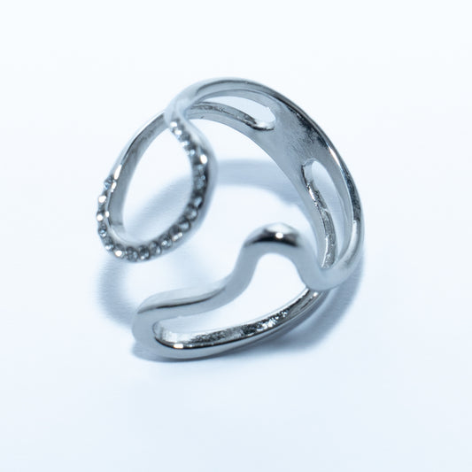 Bague argentée ajustable design moderne avec strass étincelants en acier inoxydable waterproof