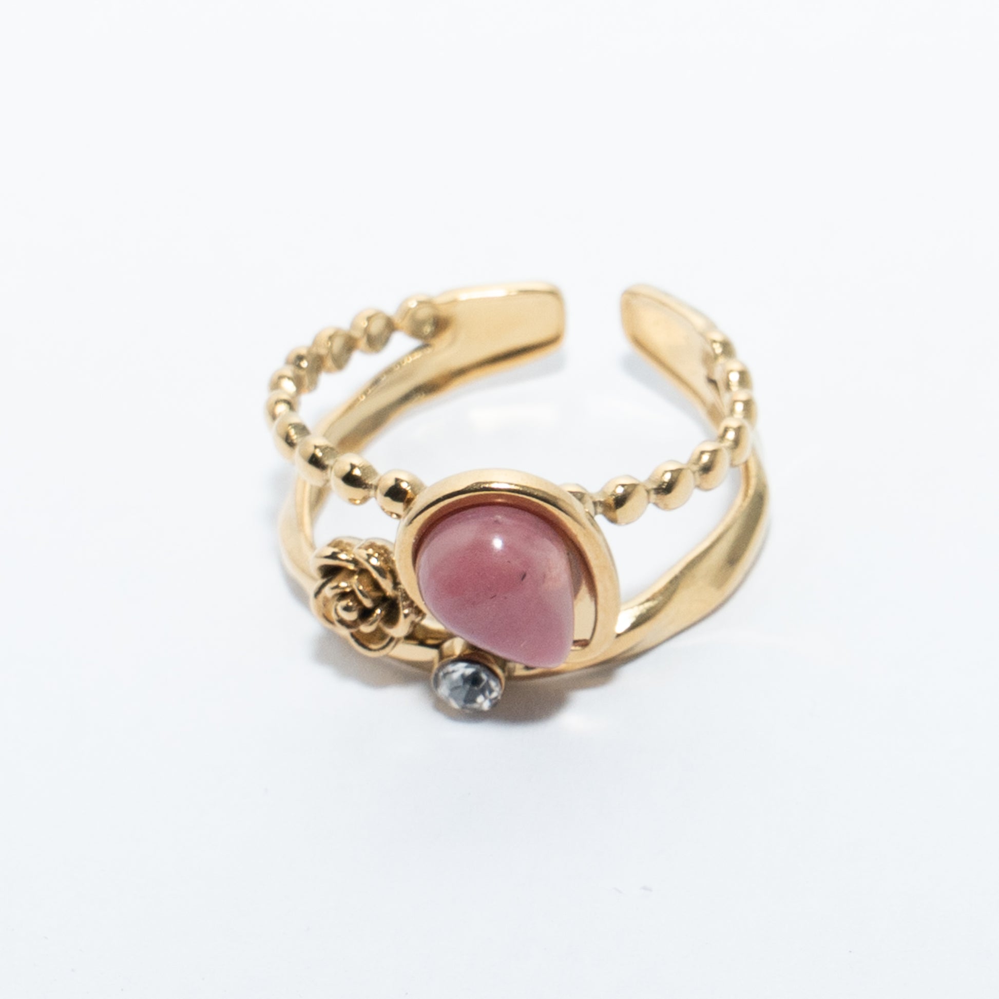 Bague dorée double anneau avec pierre rose et détails floraux en acier inoxydable waterproof