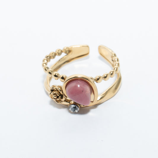 Bague dorée double anneau avec pierre rose et détails floraux en acier inoxydable waterproof
