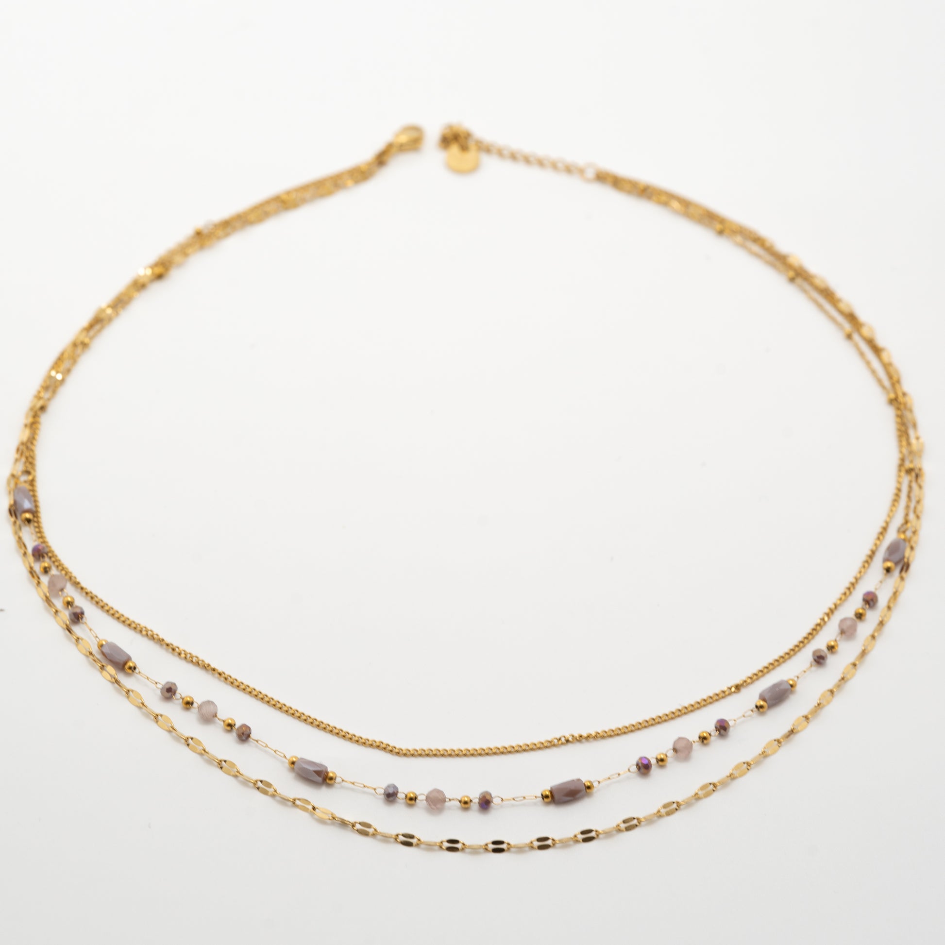 Collier multi-rangs doré avec perles violet en acier inoxydable waterproof