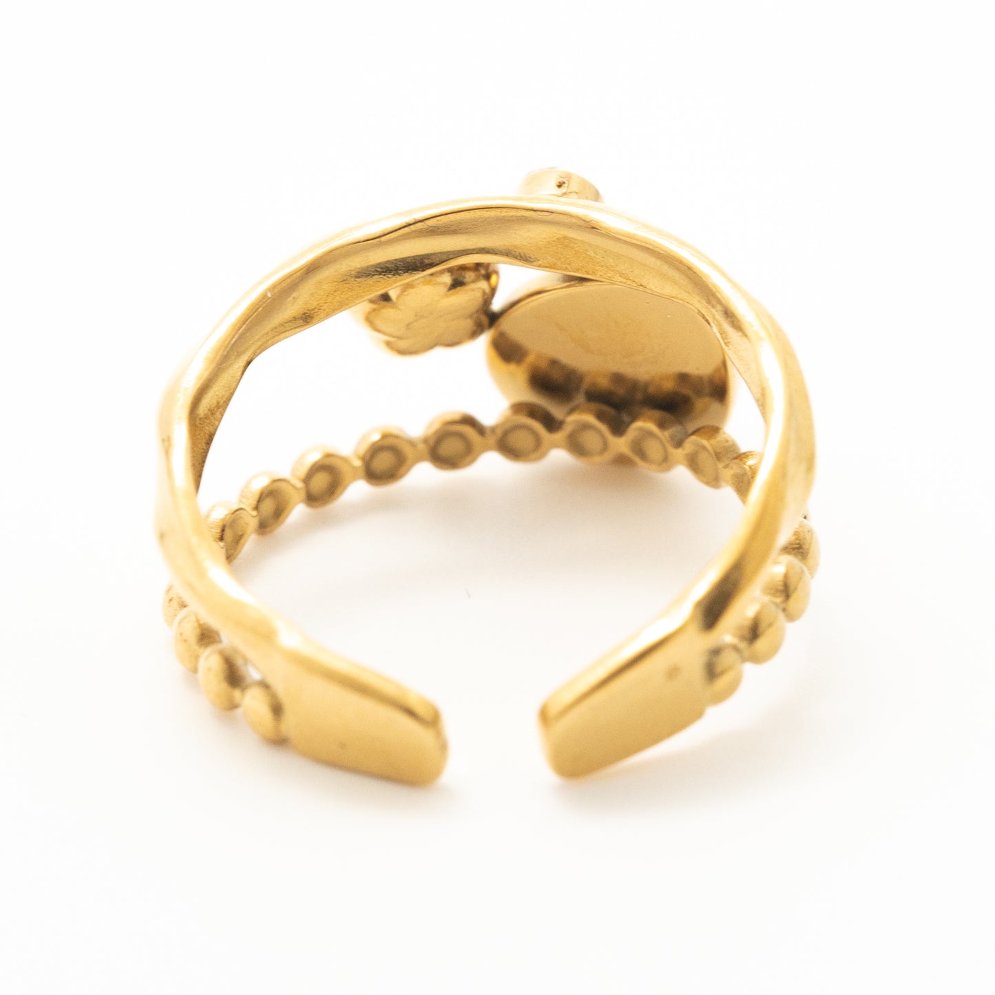 Bague dorée double anneau pierre rose détails floraux – acier inoxydable waterproof