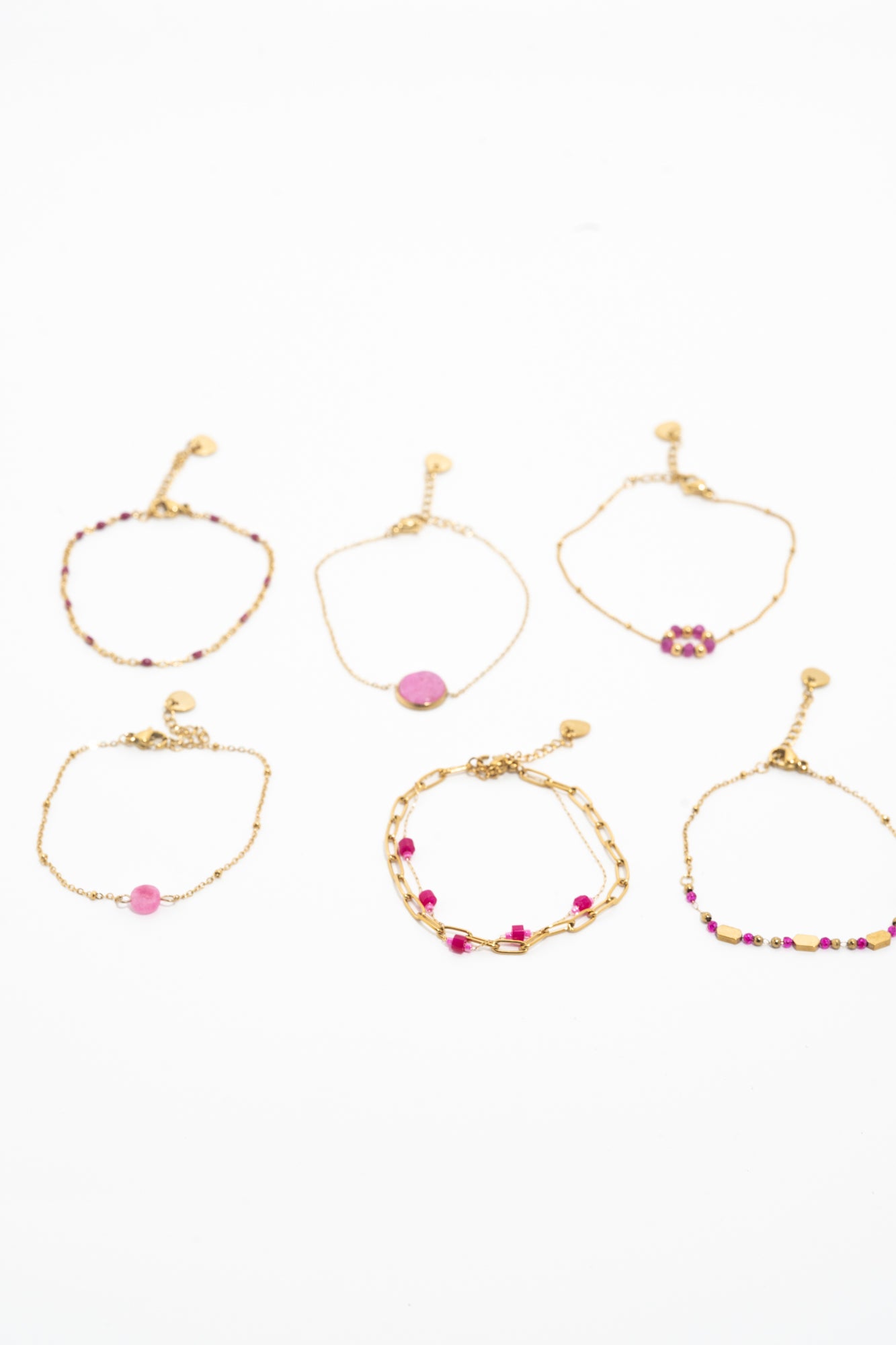 Lot 6 bracelets dorés perles roses – acier inoxydable waterproof