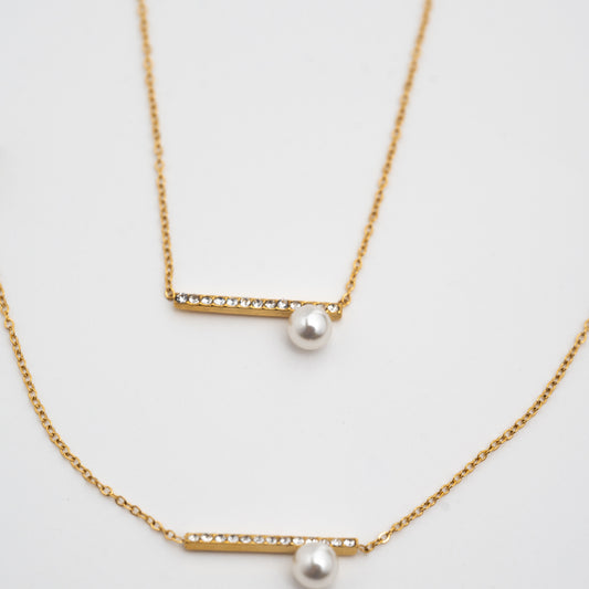 Ensemble collier et bracelet Perla Line doré avec strass et perle nacrée - acier inoxydable waterproof