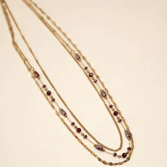 Collier multi-rangs doré perles rouge bordeau – acier inoxydable waterproof