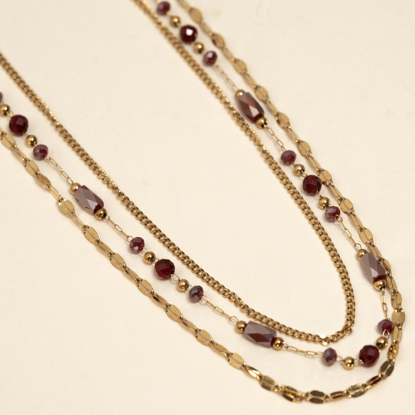 Collier multi-rangs doré perles rouge bordeau – acier inoxydable waterproof