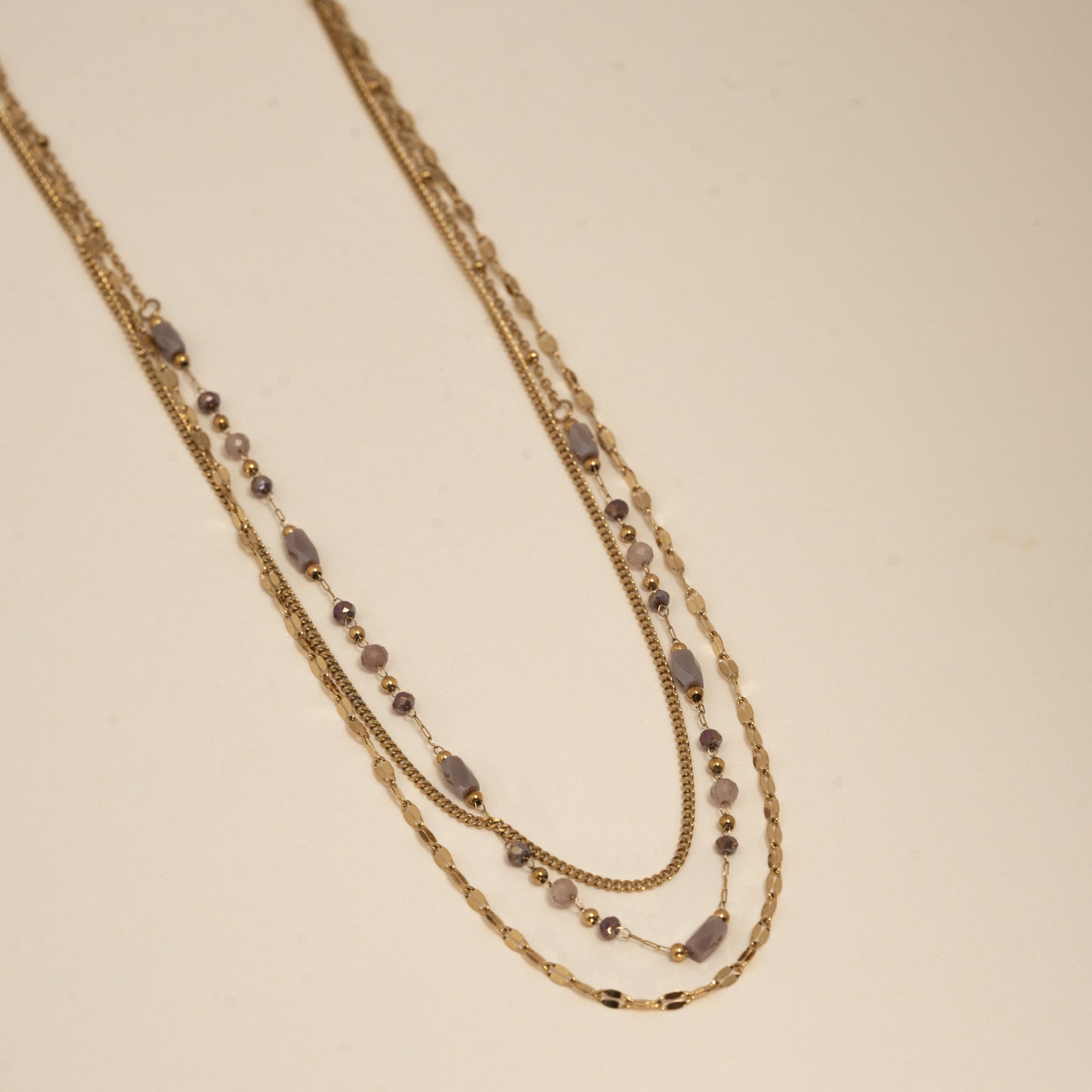 Collier multi-rangs doré perles violet – acier inoxydable waterproof