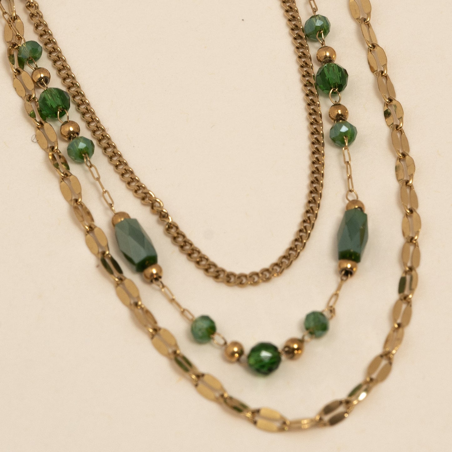 Collier multi-rangs doré perles vertes – acier inoxydable waterproof