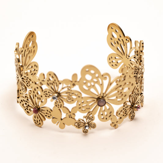 Bracelet papillons dorés ajourés pierres scintillantes – acier inoxydable waterproof