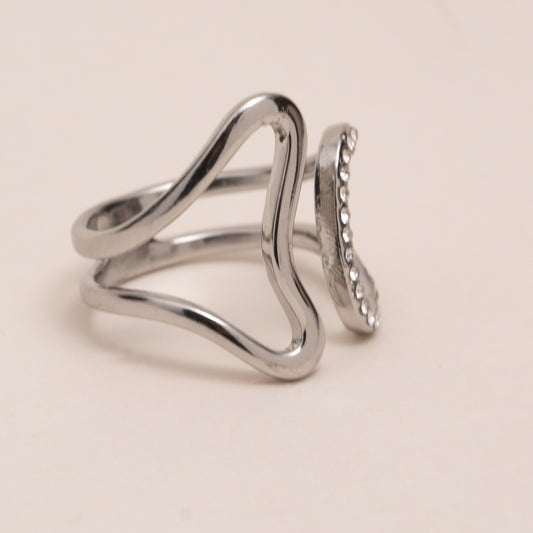 Bague argentée design strass ajustable – acier inoxydable waterproof