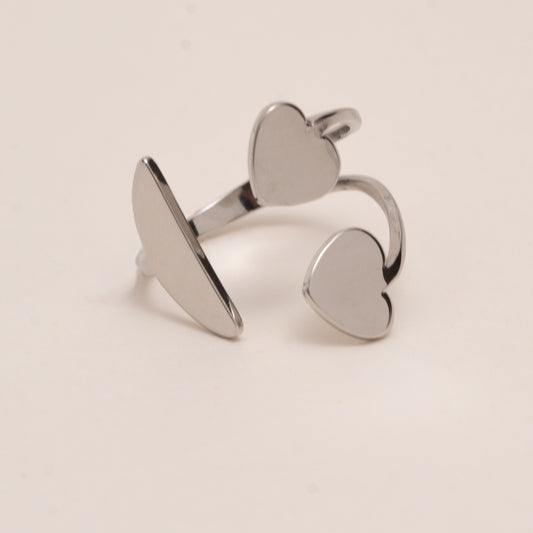 Bague argentée double cœurs ajustable – acier inoxydable waterproof