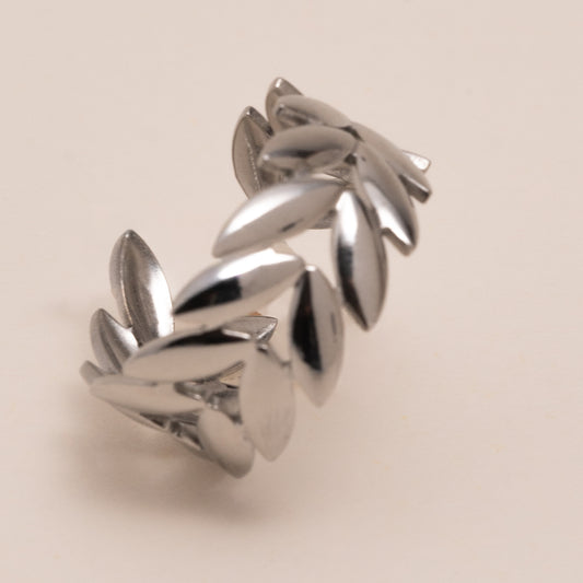 Bague argentée feuillage géométrique ajustable – acier inoxydable waterproof